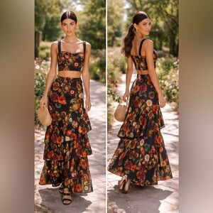NWT Cara Cara Claudine Top & Priya Tiered Skirt Set Black Harvest Bloom Sz 10